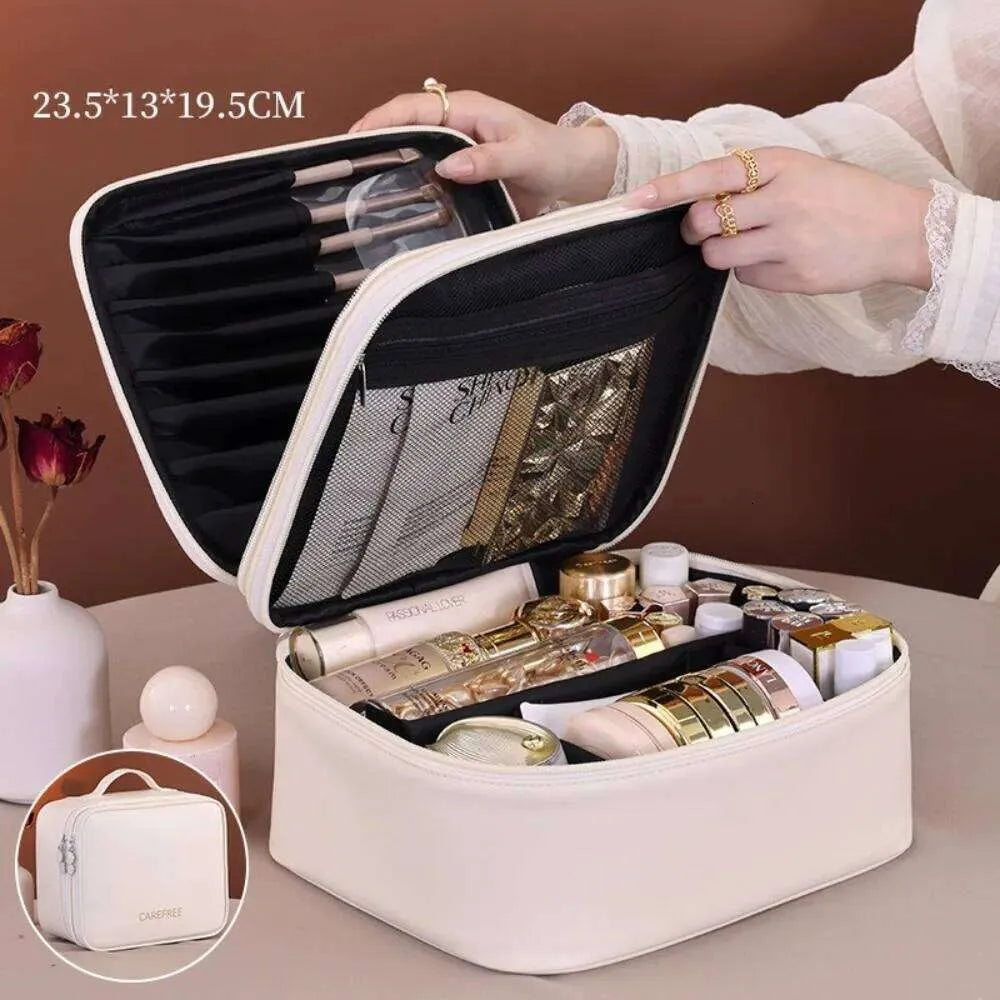 Open view showing interior organization of cosmetic bag