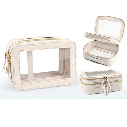 Makeup organizer in use with cosmetic items visible through PVC panels