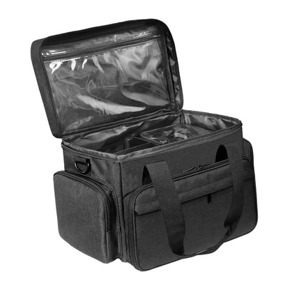 Cosmetic bag with handle shown closed from front perspective