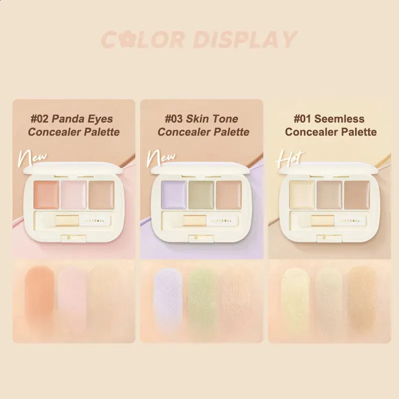 Open palette showing cream concealer shades in a compact case