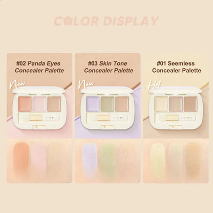 Open palette showing cream concealer shades in a compact case