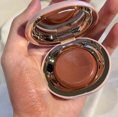 Glossy lip and cheek blusher compact in mauve apricot berry tones