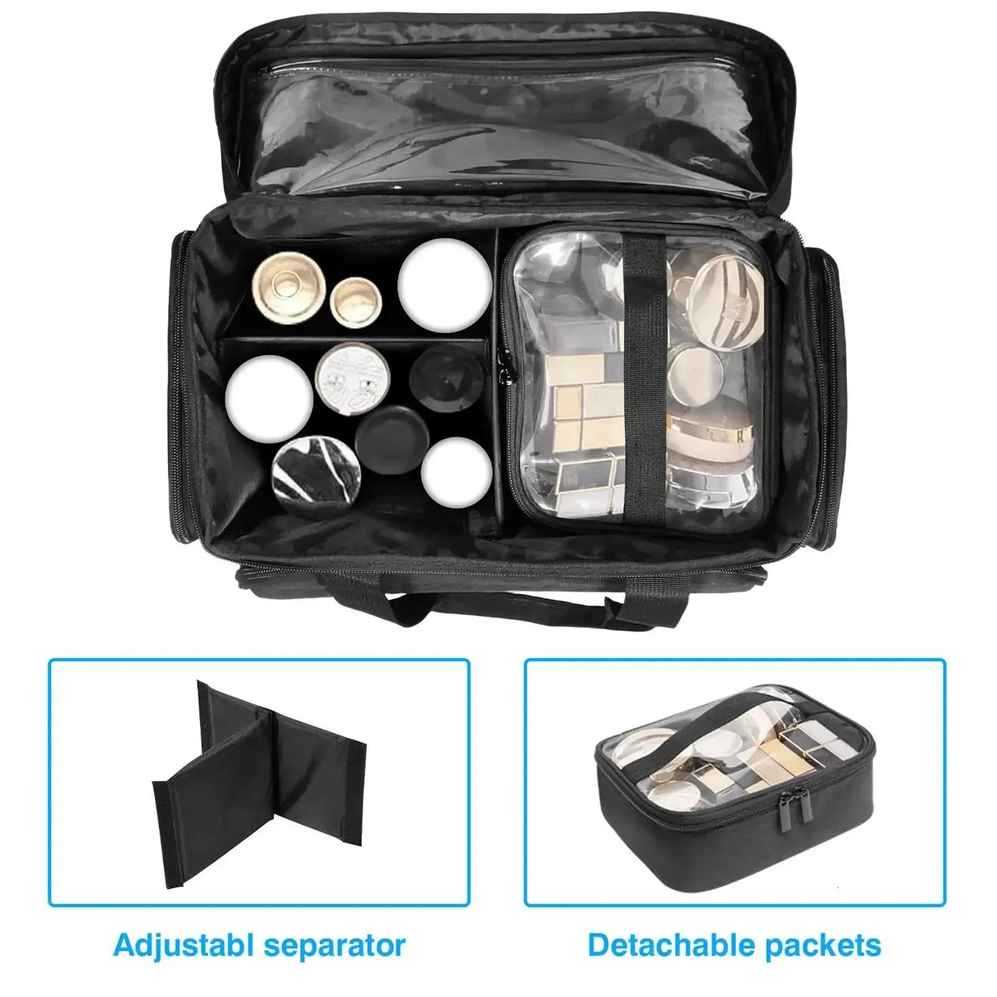 Interior view of cosmetic bag showing spacious compartment for hair tools