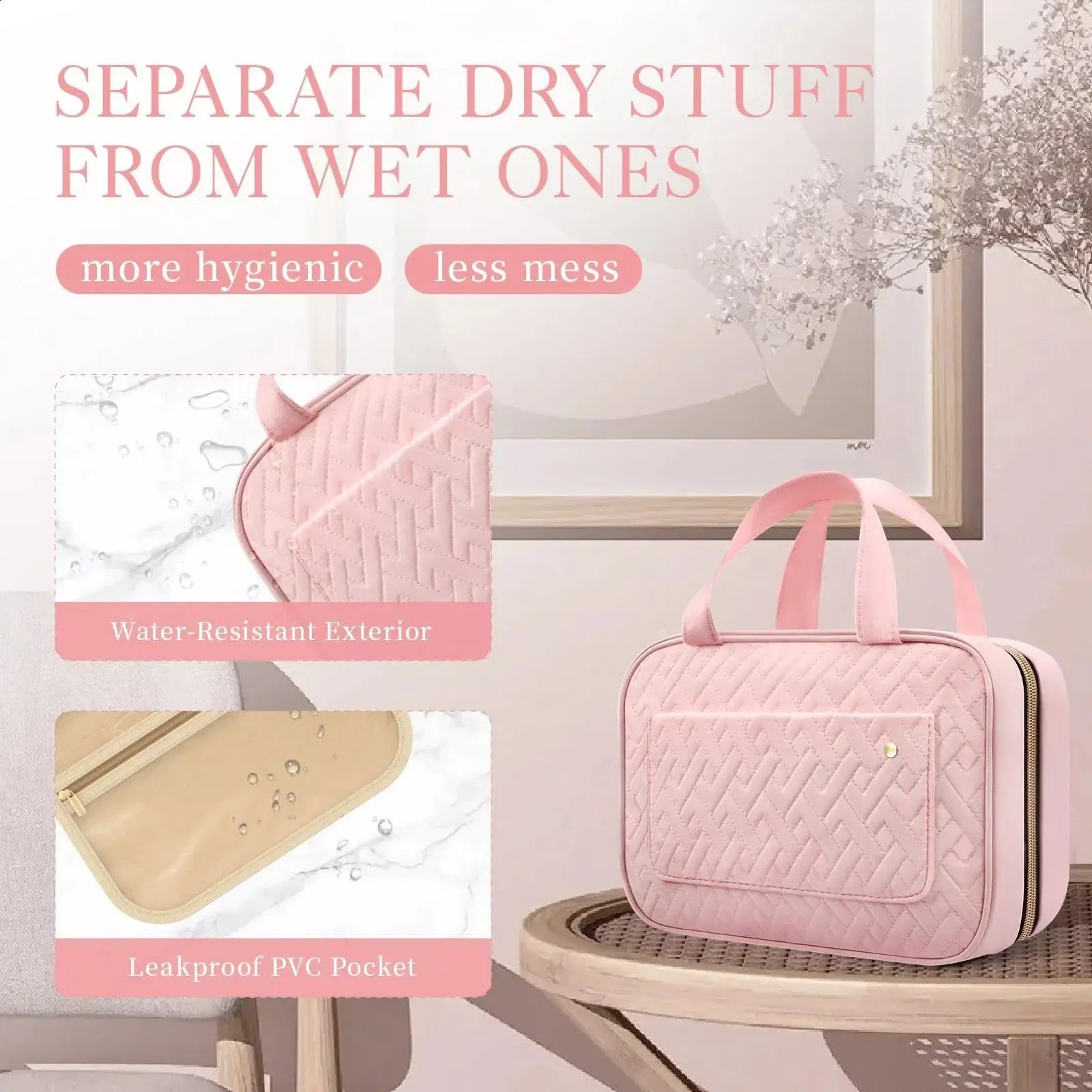 Open toiletry bag displaying multiple interior compartments for organization
