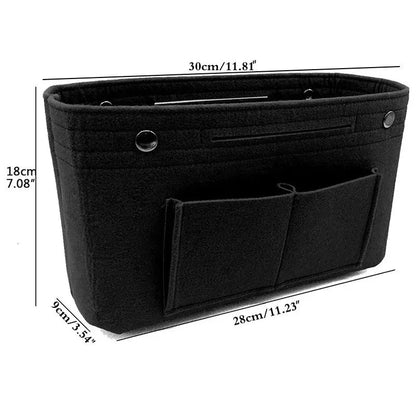 Compact cosmetic organizer fitting inside a handbag for travel