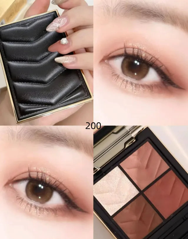 Eyeshadow palette displayed open with labeled shades for makeup application