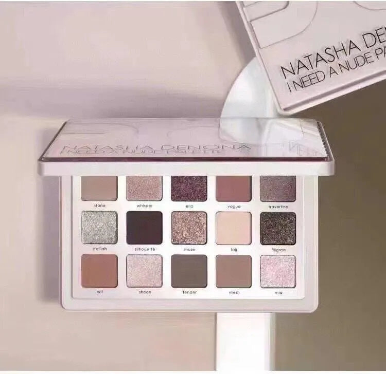 15-color matte eyeshadow palette showing nude and glam shades arranged in compact