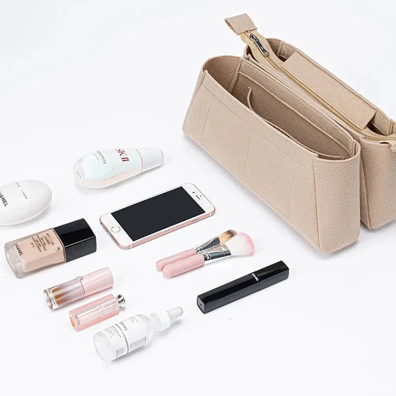 Coffee-colored handbag insert organizer showing interior storage layout