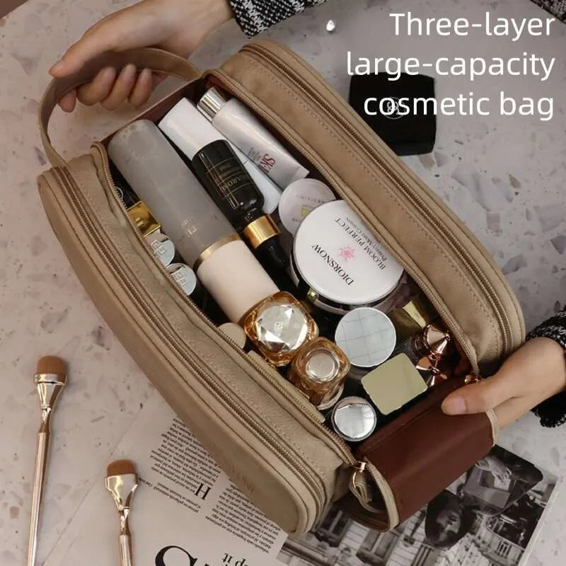 Closed travel makeup bag showing exterior design and portable handle
