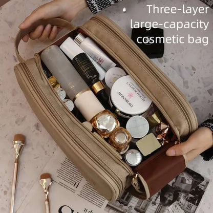 Closed travel makeup bag showing exterior design and portable handle