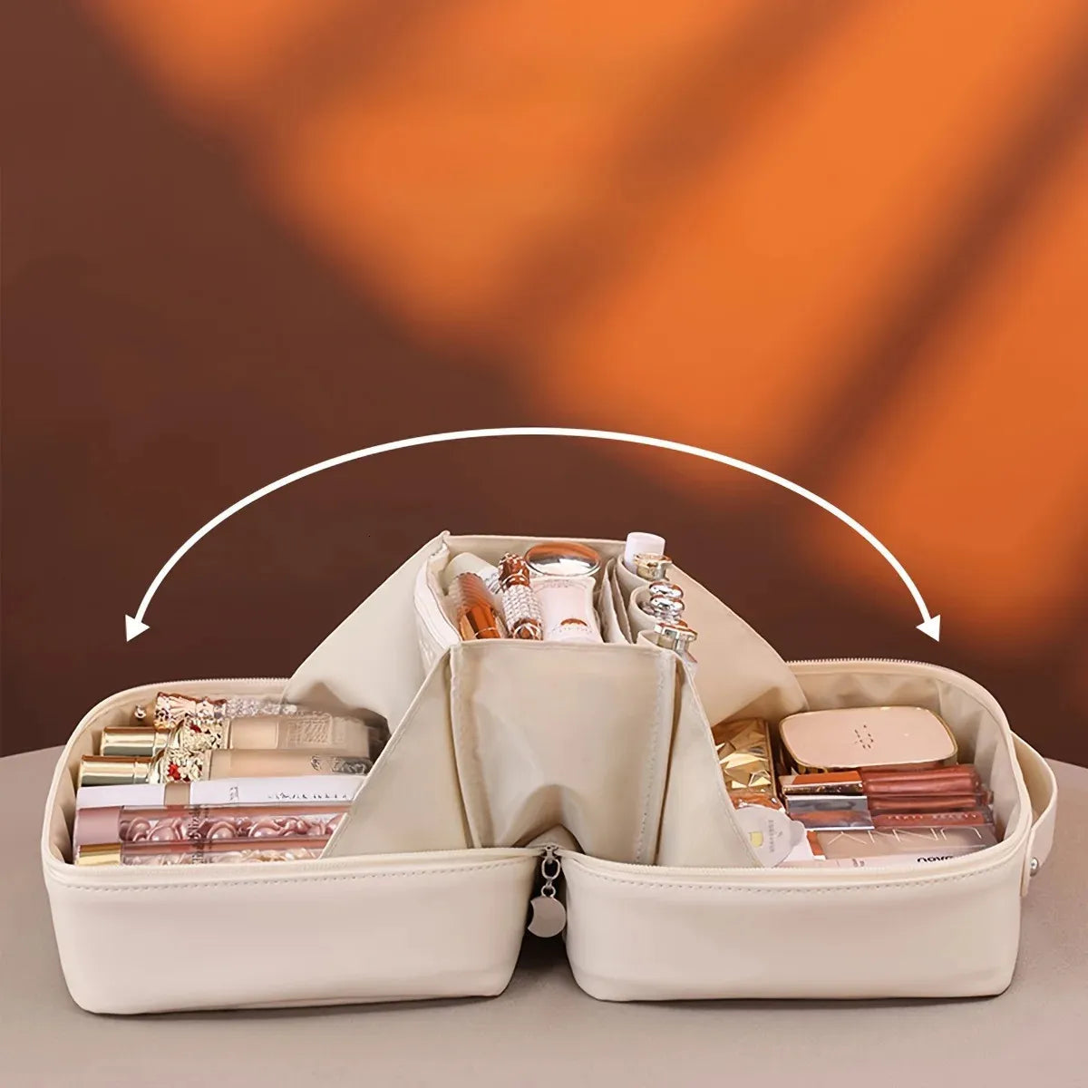 Side view of compact cosmetic storage bag suitable for travel