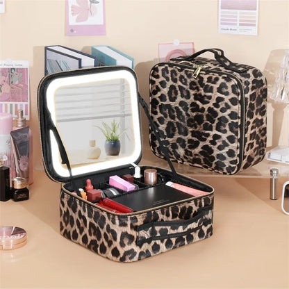 Makeup bag in use with cosmetics arranged inside showing storage capacity