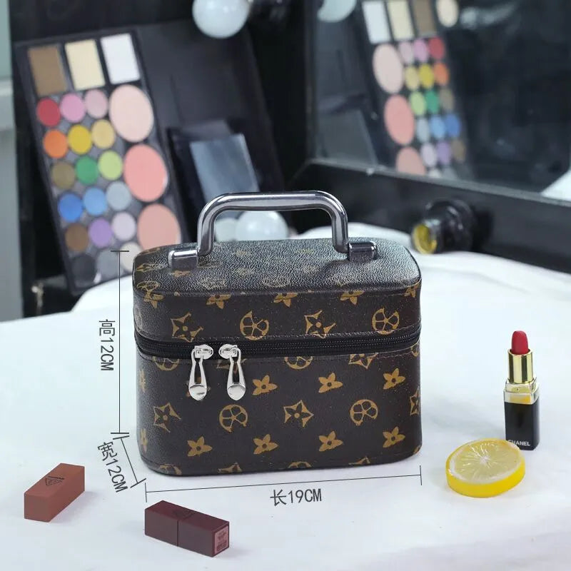 Interior view of cosmetic case showing built-in mirror and organization pockets