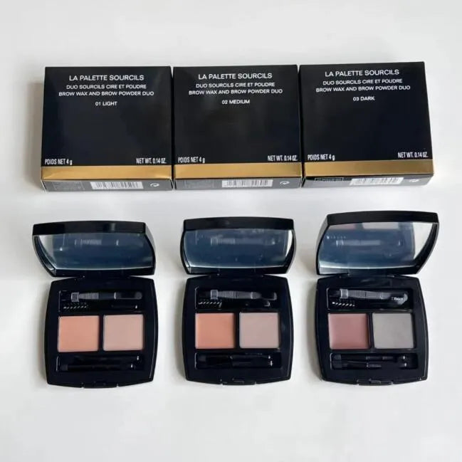 Eyebrow powder palette with three colors and a dual-sided brush