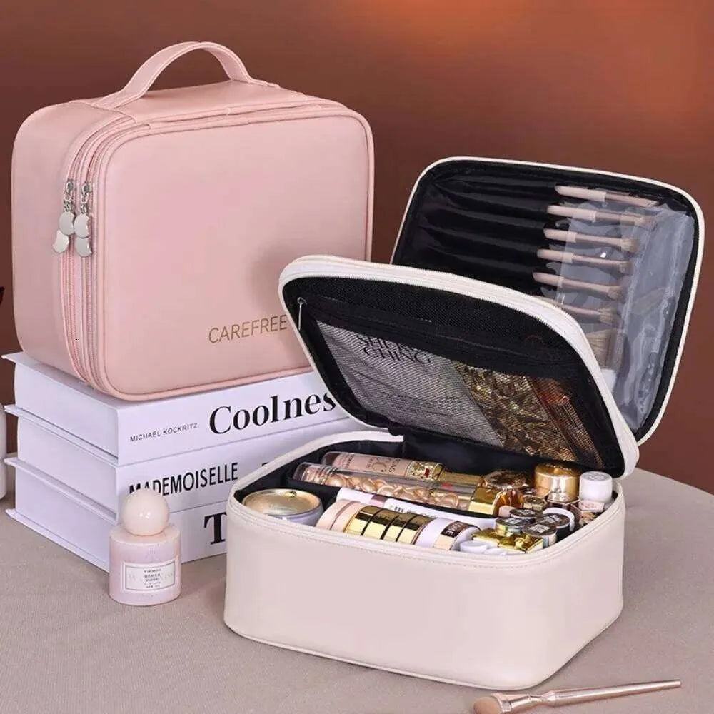 Double layer travel cosmetic bag with organizational compartments