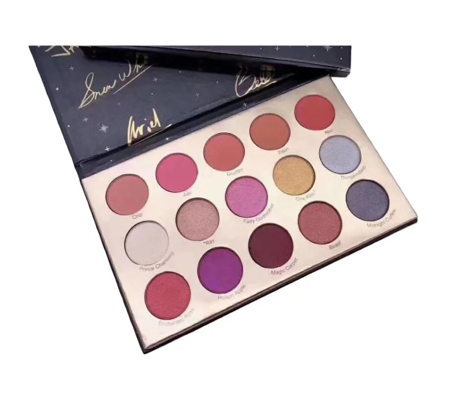 Close-up of matte eyeshadow pans in the 15-color palette
