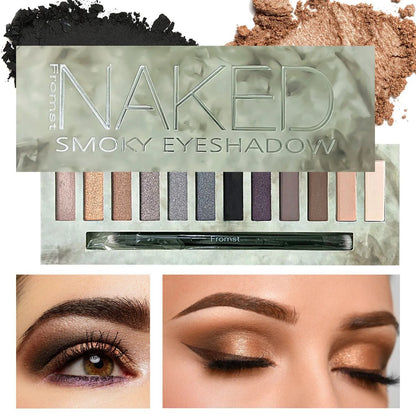 Close-up view of eyeshadow shades in a nude palette showing texture and pigmentation