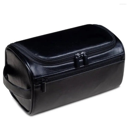 Durable PU leather toiletry bag in black color with hanging hook