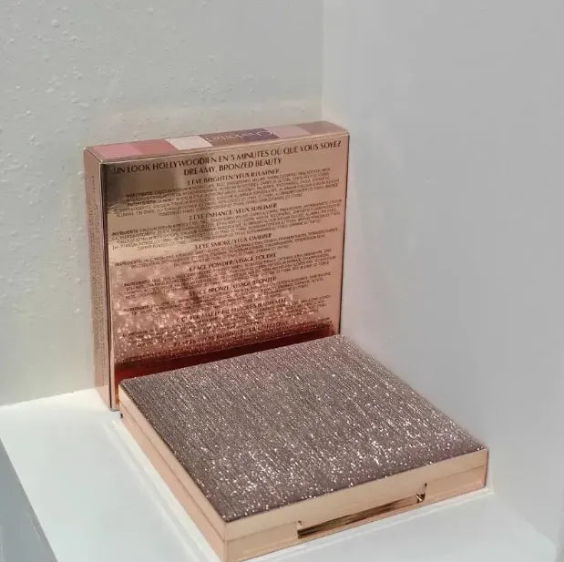 Close-up view of eyeshadow and blush powders in dual-color palette