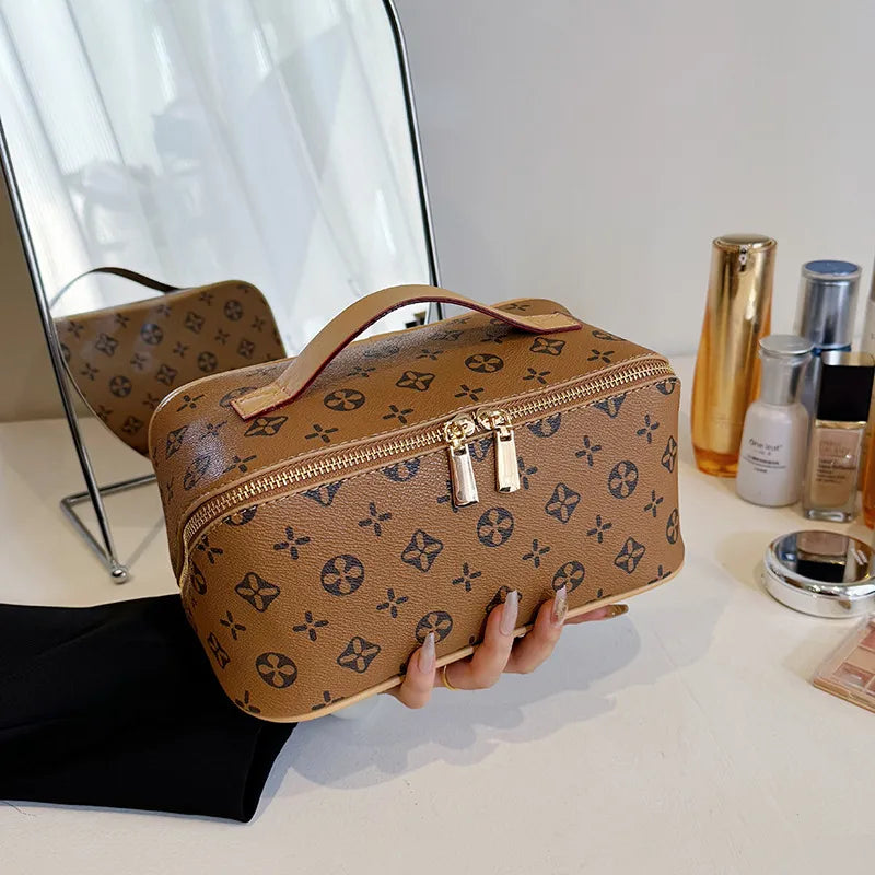Interior view showing multiple compartments of the cosmetic organizer bag