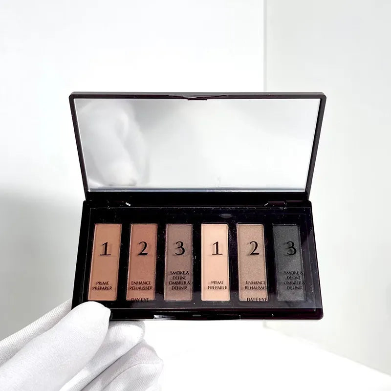 Six-color eyeshadow palette with matte and shimmer shades