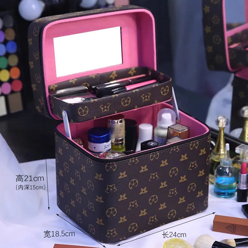 Interior view of cosmetic case showing built-in mirror and organization pockets