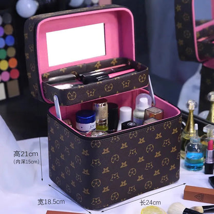 Interior view of cosmetic case showing built-in mirror and organization pockets