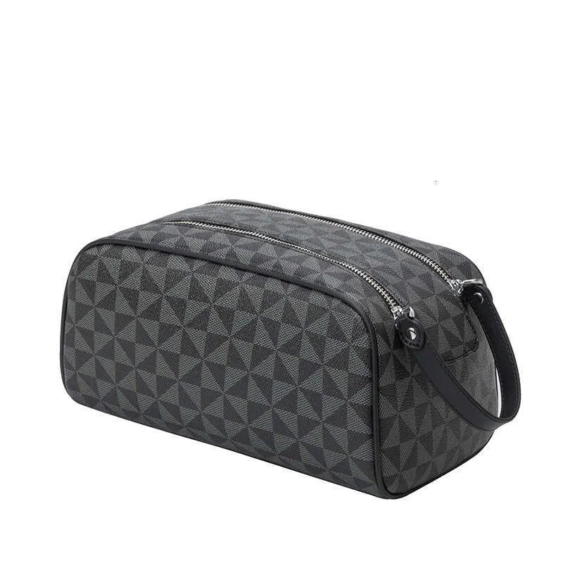 Leather cosmetic bag with double zipper closure in closed position