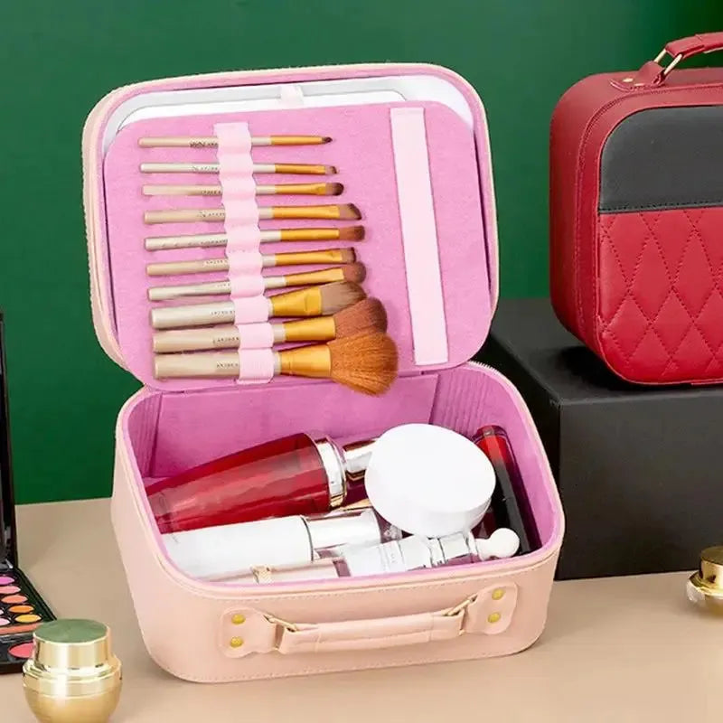 Open cosmetic case displaying interior compartments and organization