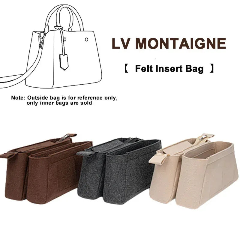 Deep grey cosmetic organizer placed inside a compatible handbag model