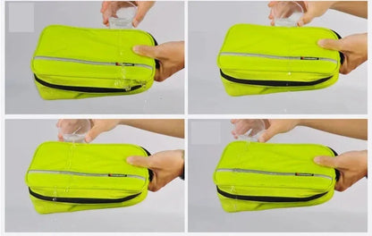 Waterproof travel cosmetic case displayed with toiletry items for scale