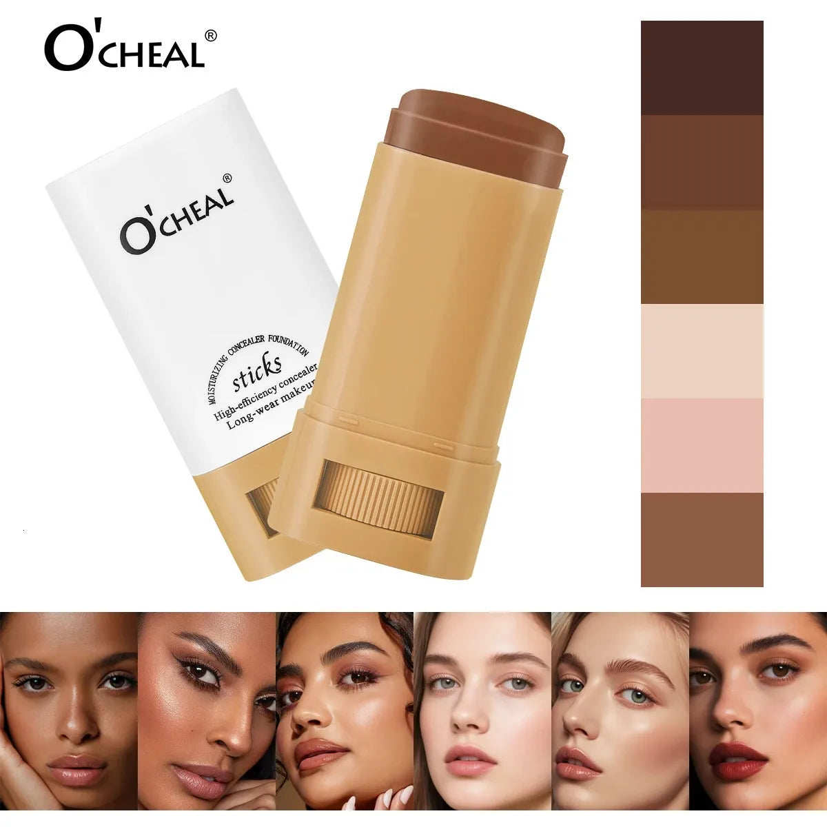 Makeup foundation stick in packaging showing color options