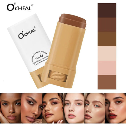 Makeup foundation stick in packaging showing color options