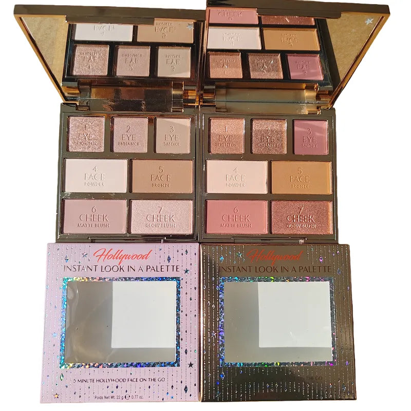 Compact makeup palette with seven cosmetics and a mirror