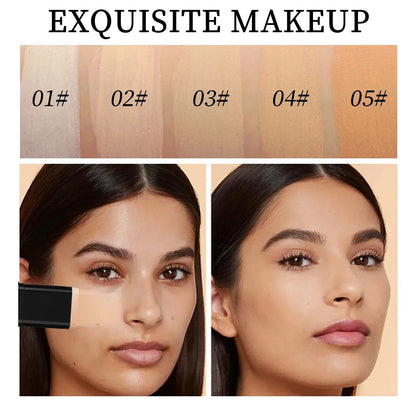 Makeup stick displayed alongside available shade options on neutral background