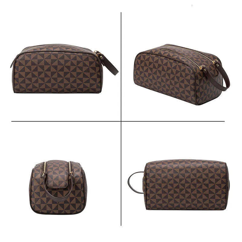 Leather cosmetic bag with double zipper closure in closed position