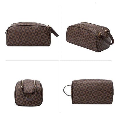 Leather cosmetic bag with double zipper closure in closed position