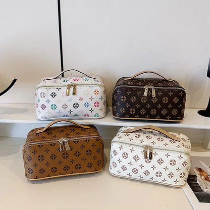 Front view of portable cosmetic organizer bag with trendy pattern design