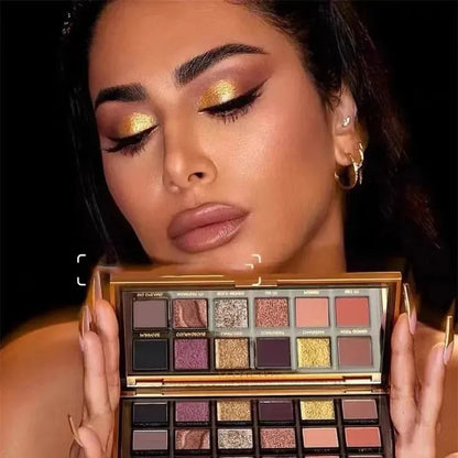 18-color eyeshadow palette showing matte and glitter finishes