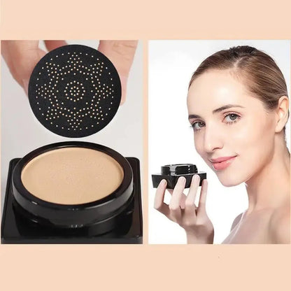 Closed makeup compact with mirror and cushion applicator