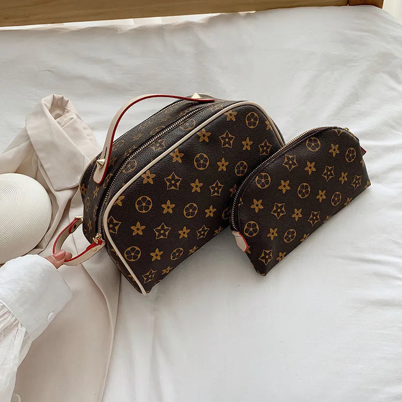 Cosmetic storage bag displayed with travel accessories