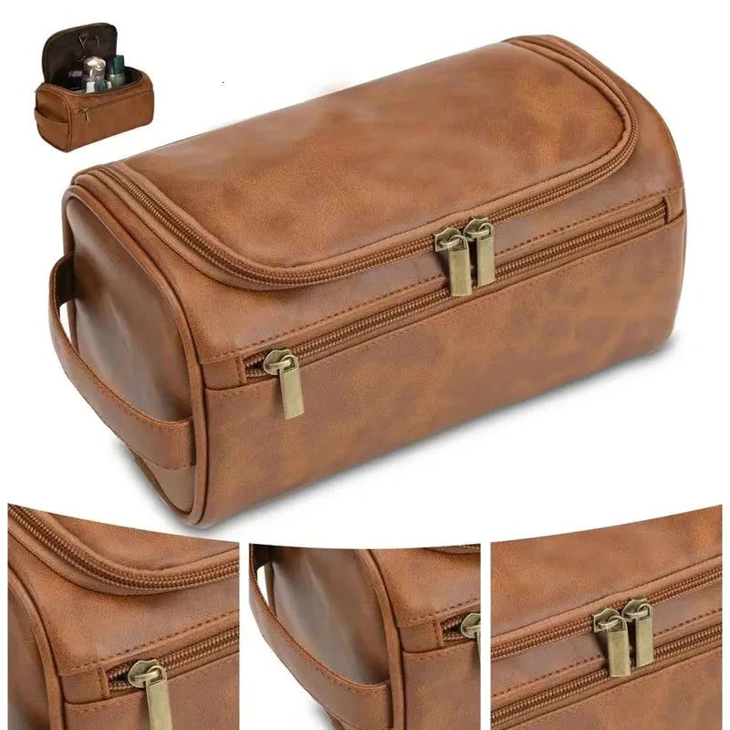 Leather hanging toiletry bag open showing interior compartments