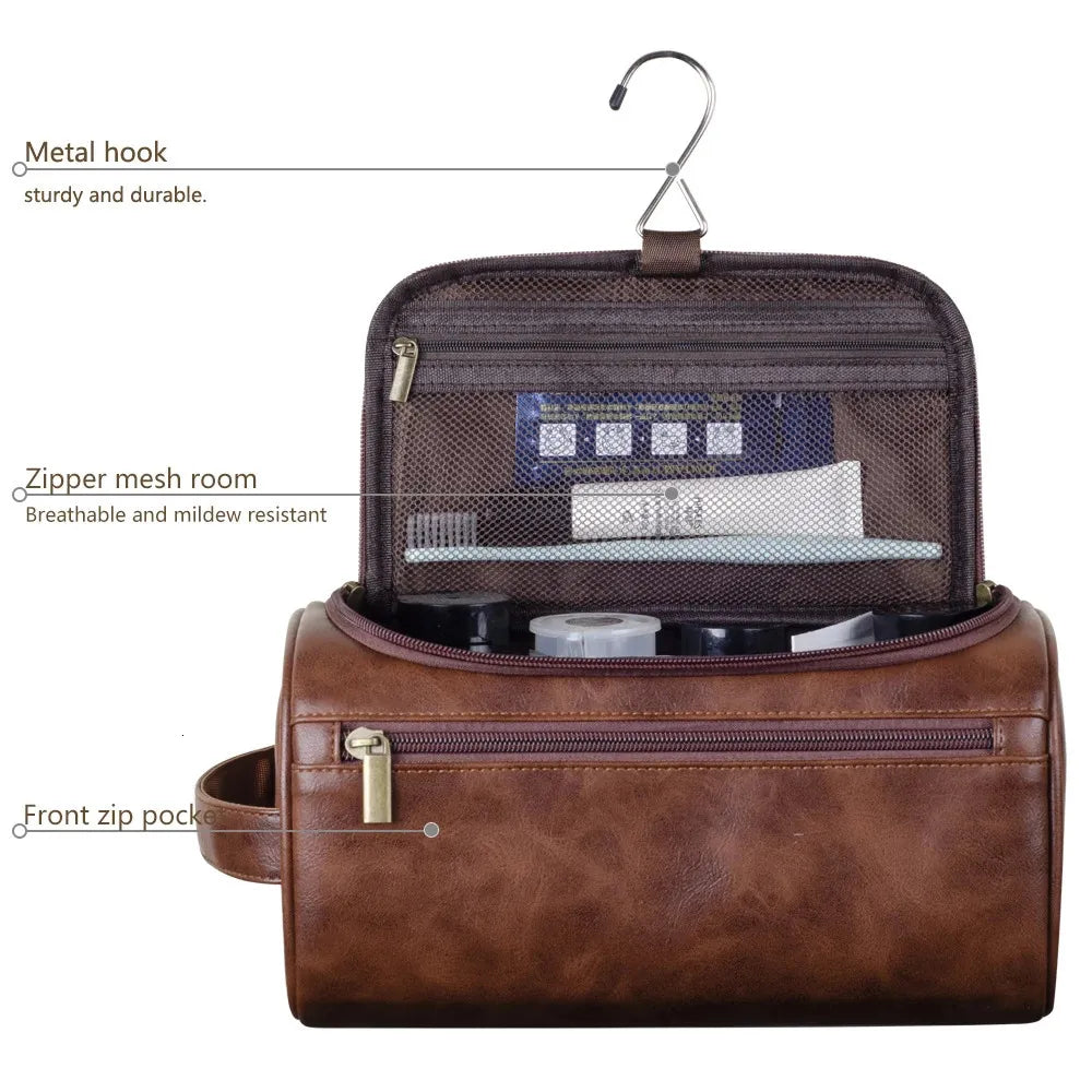 Side profile of the bag highlighting its hanging hook and durable leather material