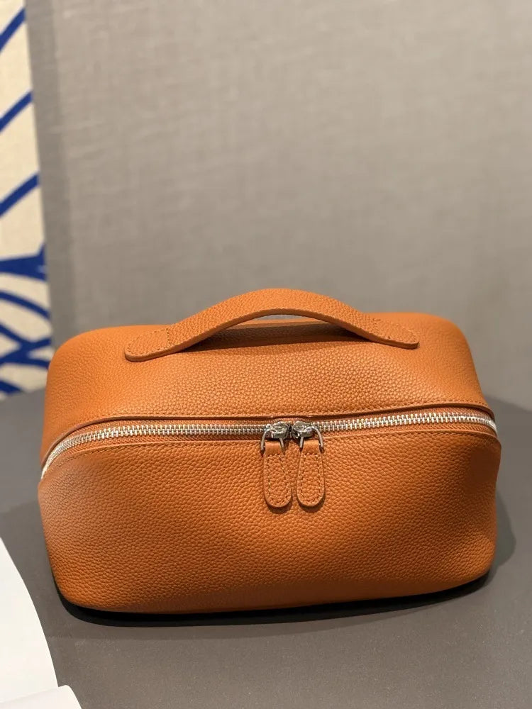 Top-grain leather cosmetic bag with 2026 texture pattern