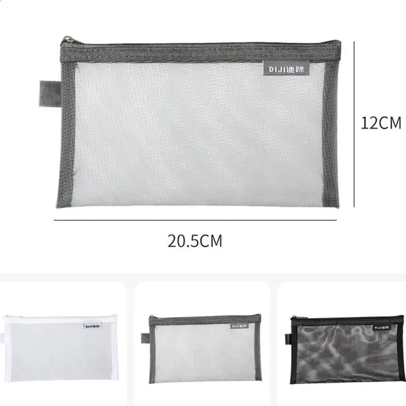 Transparent mesh pencil case showing interior organization