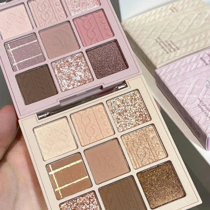 Knitted pattern eyeshadow palette showing glitter and matte finishes