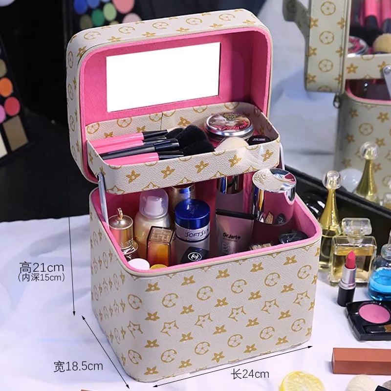 Makeup bag in black color with zipper closure and carrying handle