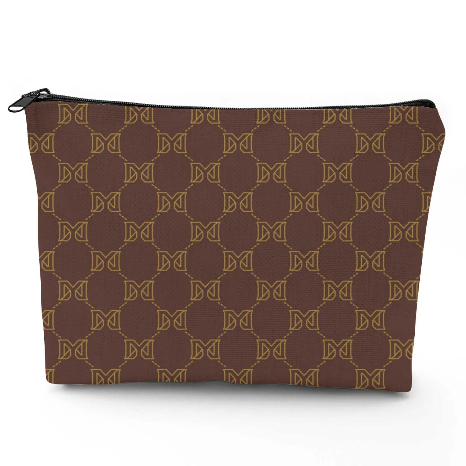 Front view of brown linen makeup bag with zipper closure