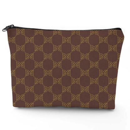 Front view of brown linen makeup bag with zipper closure