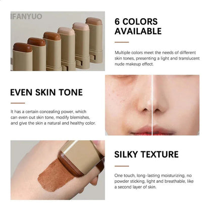 Cream foundation stick in multiple color shades displayed on a neutral background